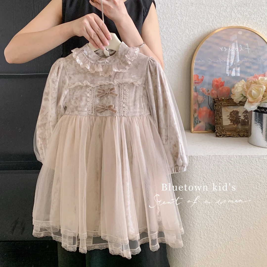 2024冬”粉蕊琼枝‘’女童袖子加厚+加绒蝴蝶结网纱连衣裙L6605