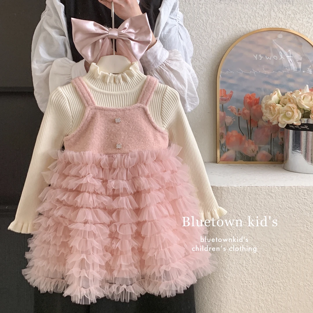 2024冬“粉黛”女童针织上衣+加绒吊带小香风连衣裙A26365