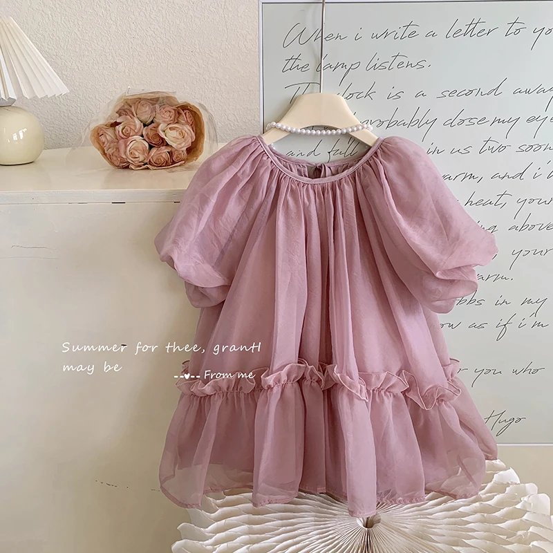 2024夏“梦幻甜酒”韩版女童泡泡袖网纱连衣裙8120 35-