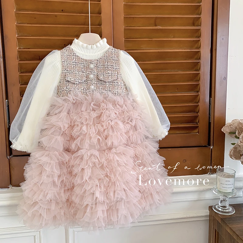 2024秋"慵懒时分"女童针织上衣+小香风蛋糕连衣裙250088