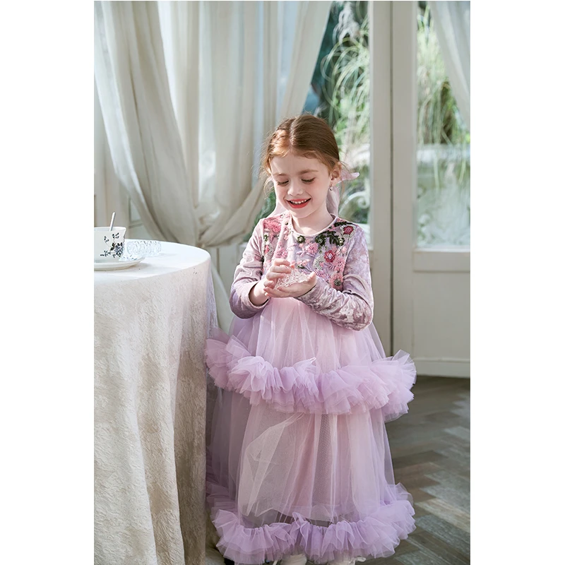 2024冬‘’爱丽丝仙境"女童加绒丝绒亮片花朵网纱连衣裙80175