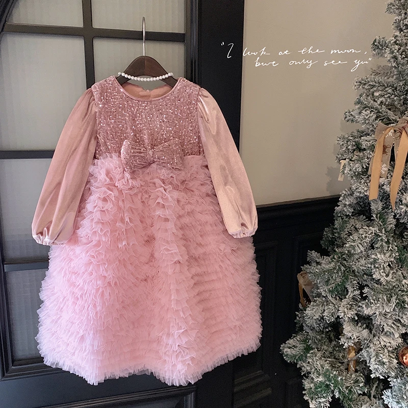 2024冬”层层浪漫~"女童加绒亮片网纱蝴蝶结蛋糕连衣裙yf26