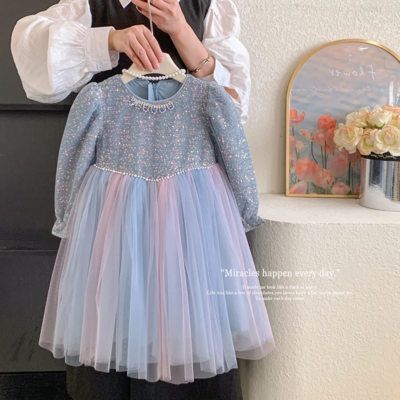 秋款冬款”海洋之心"女童圆领洋气亮片公主网纱连衣裙dy956 11009