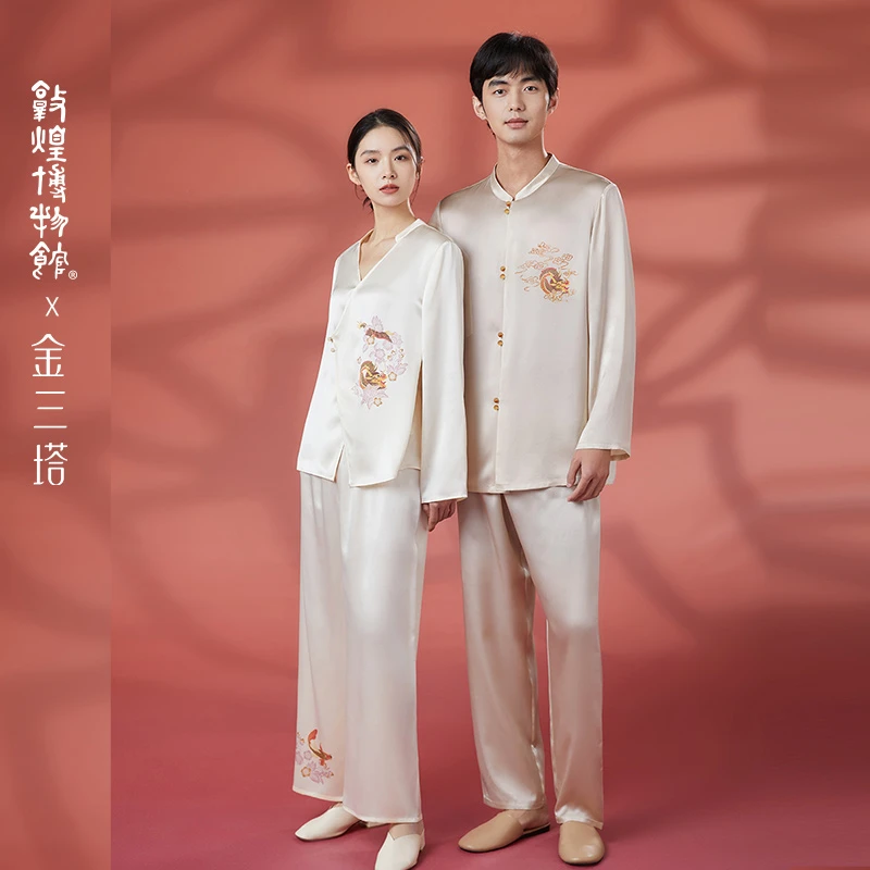 【金三塔官方】敦煌系列-重磅100%桑蚕丝定位花情侣复古中式长袖套