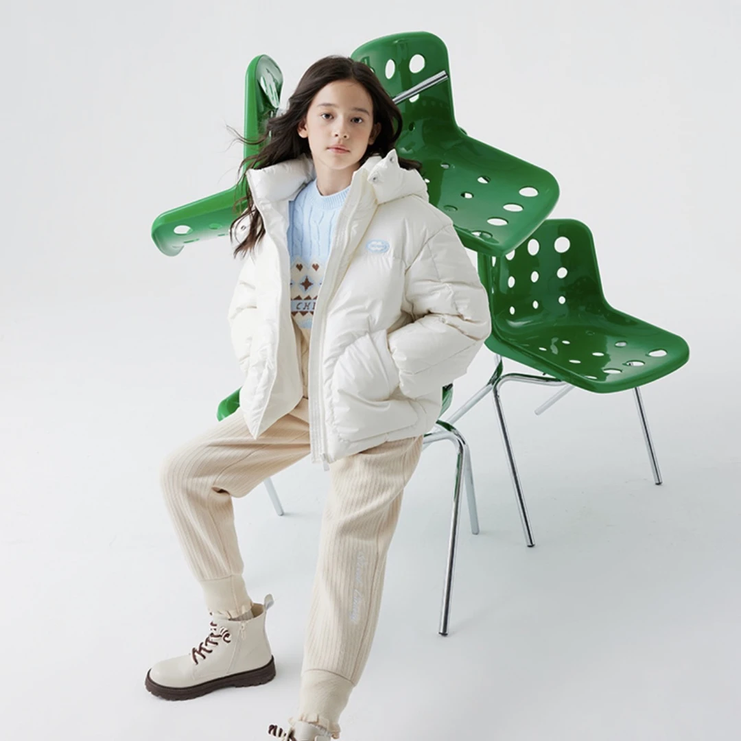 巴撤柜女童冬季保暖羽绒服连帽中大童鸭绒珠光三防免洗外套7013