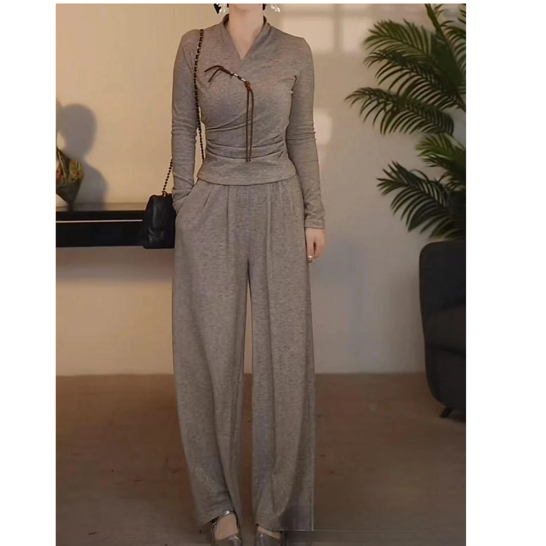 秋冬新款小众设计高级感气质修身新中式盘扣长袖套装