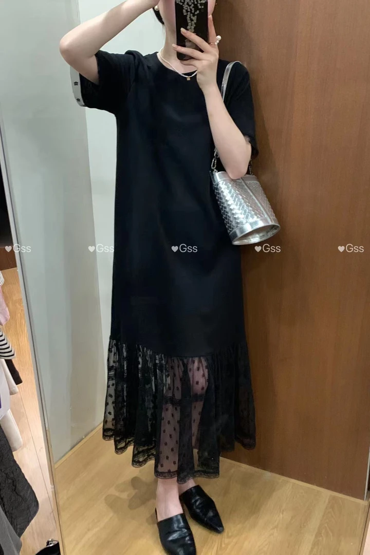 KIKI严选：编号【L9901】-GSS家欧货假两件拼接蕾丝鱼尾裙摆休闲裙子