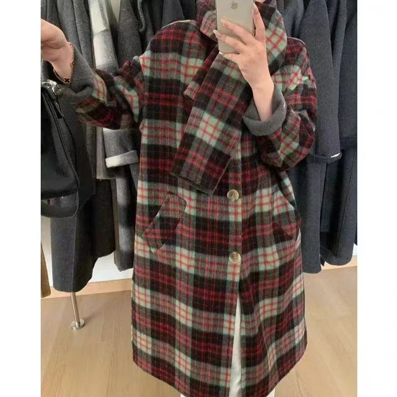 KIKI严选：2421-HX家欧货南油秋冬新款带围脖格子羊毛大衣外套