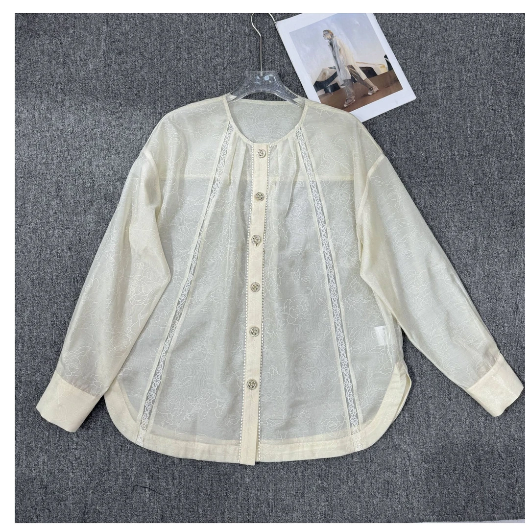 KIKI严选：【28069】-MT家欧货春款原创蕾丝提花单排扣衬衫上衣