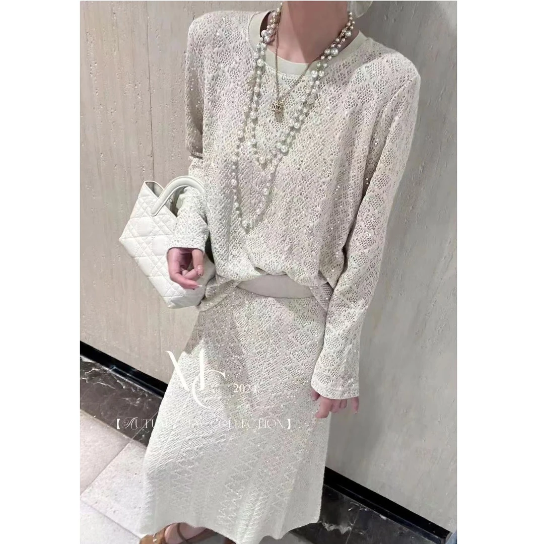 KIKI严选：38058-丽家欧洲站南油秋季新款轻奢满钻针织两件套装