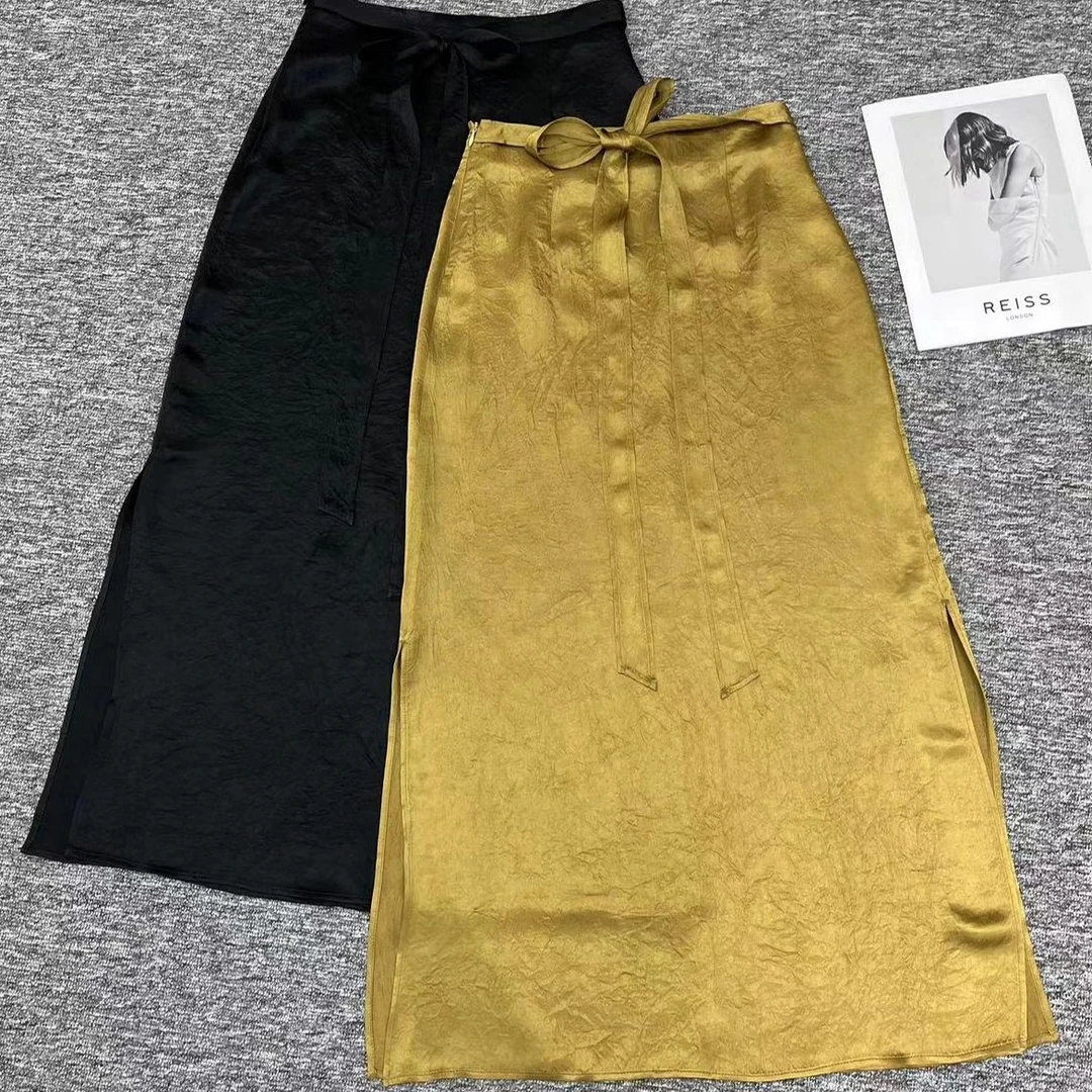 KIKI严选：07008-YER家欧货款原创蝴蝶结压褶开叉休闲百搭半身裙