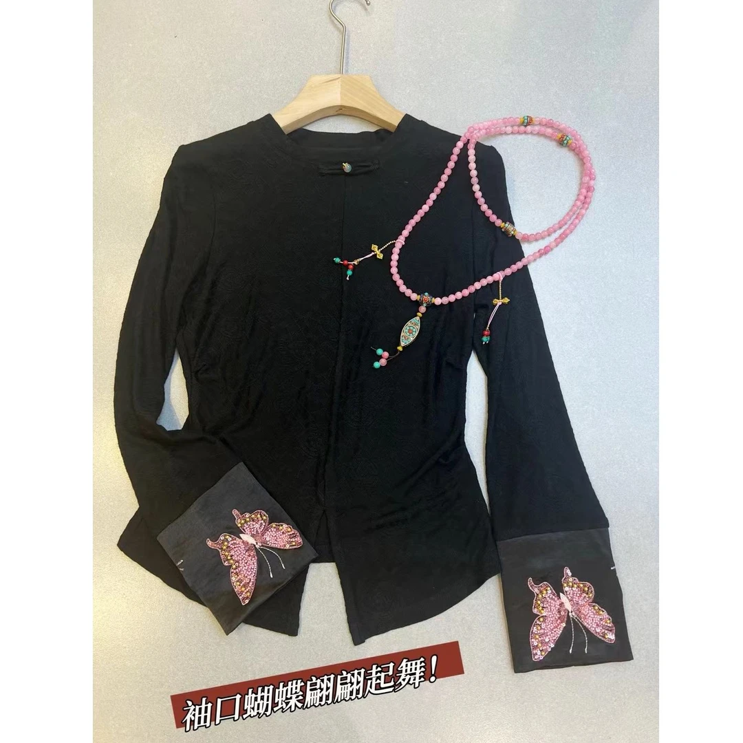 KIKI严选：11587-HJ家欧洲站南油秋季新款国风袖口蝴蝶串珠T恤