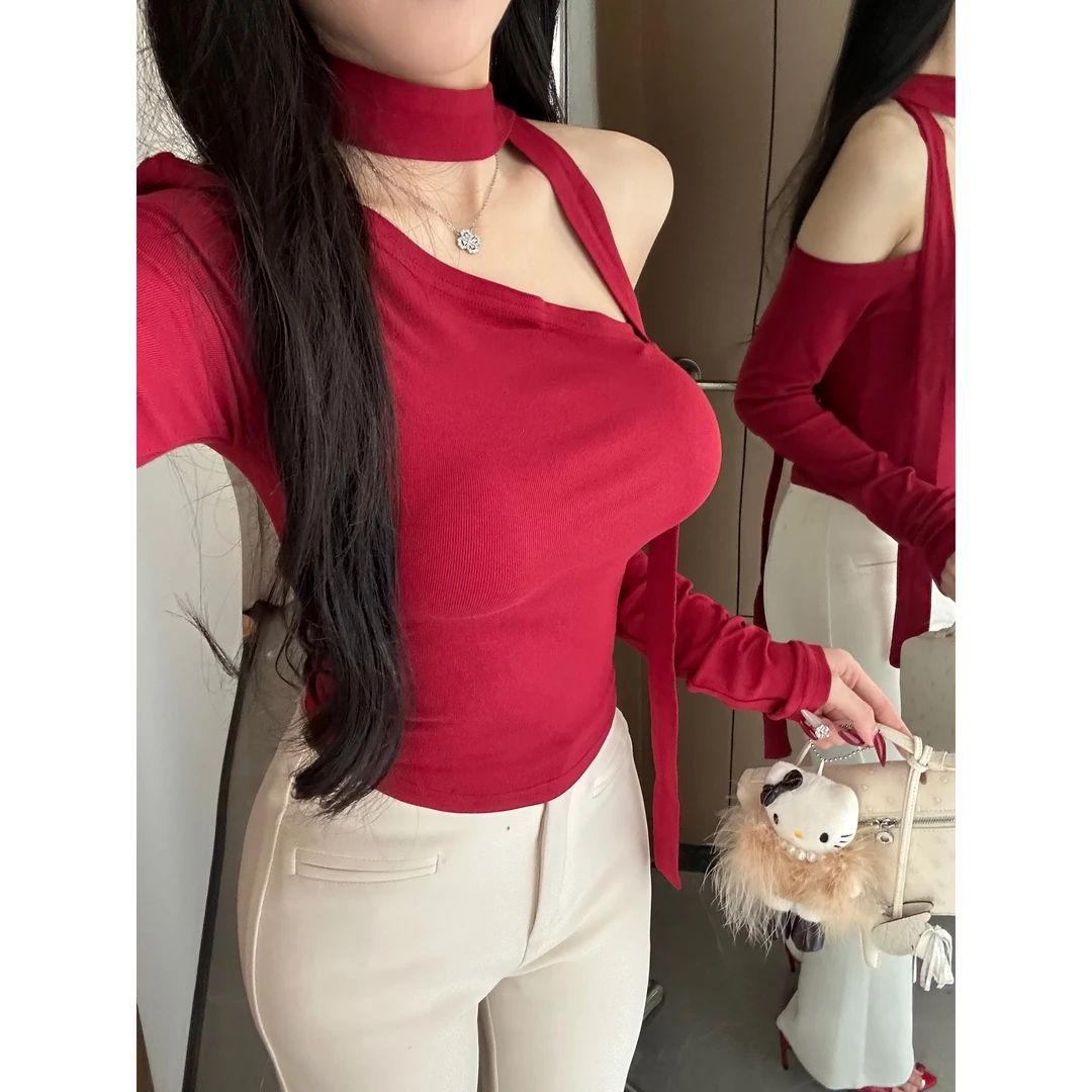 迈沃格挂脖斜肩打底长袖T恤高腰不规则上衣辣妹修身气质长袖显瘦