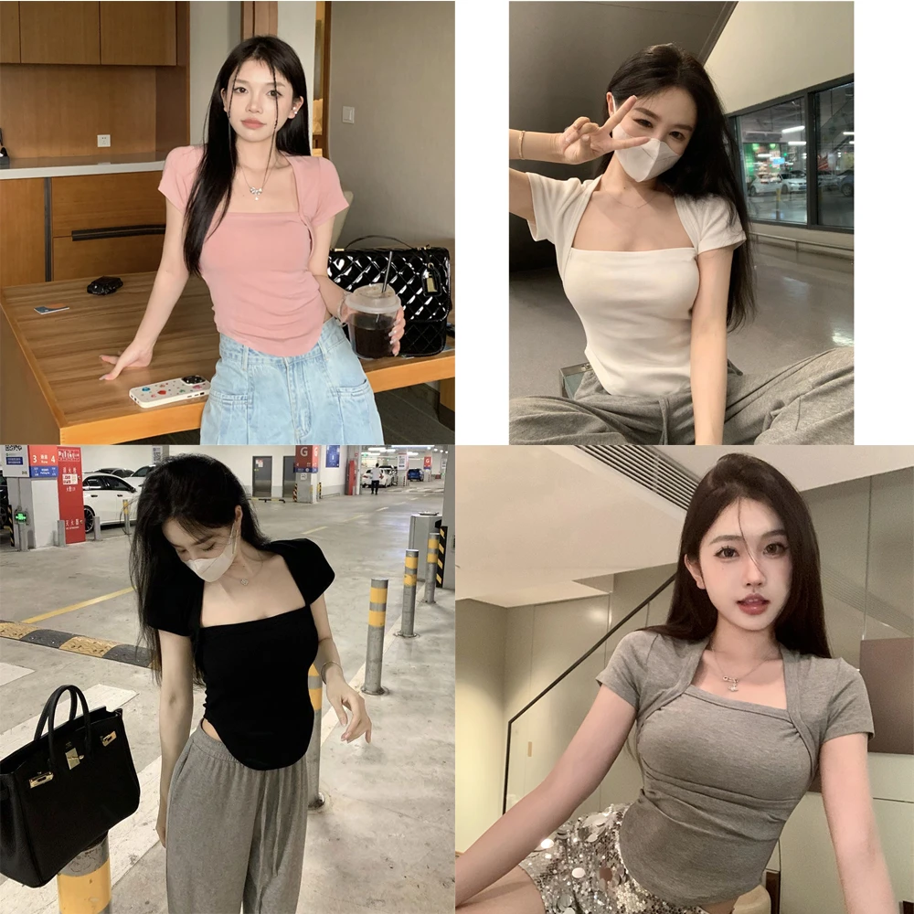 迈沃格新款设计感小众不规则短款方领上衣春雨辣妹正肩短袖T恤女