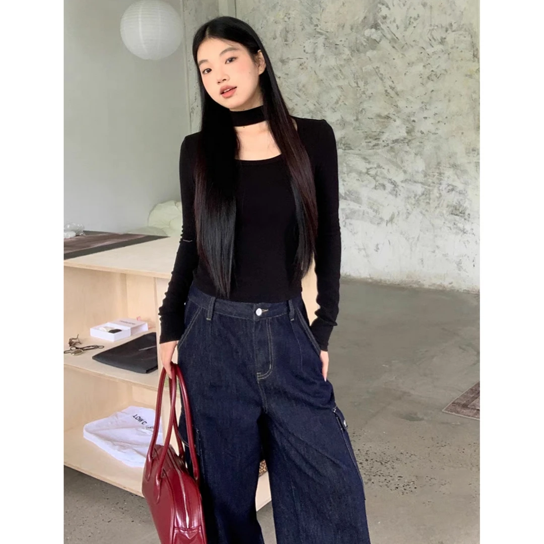 挂脖U领长袖长袖针织修身内搭辣妹短款女装上衣T恤加厚百搭