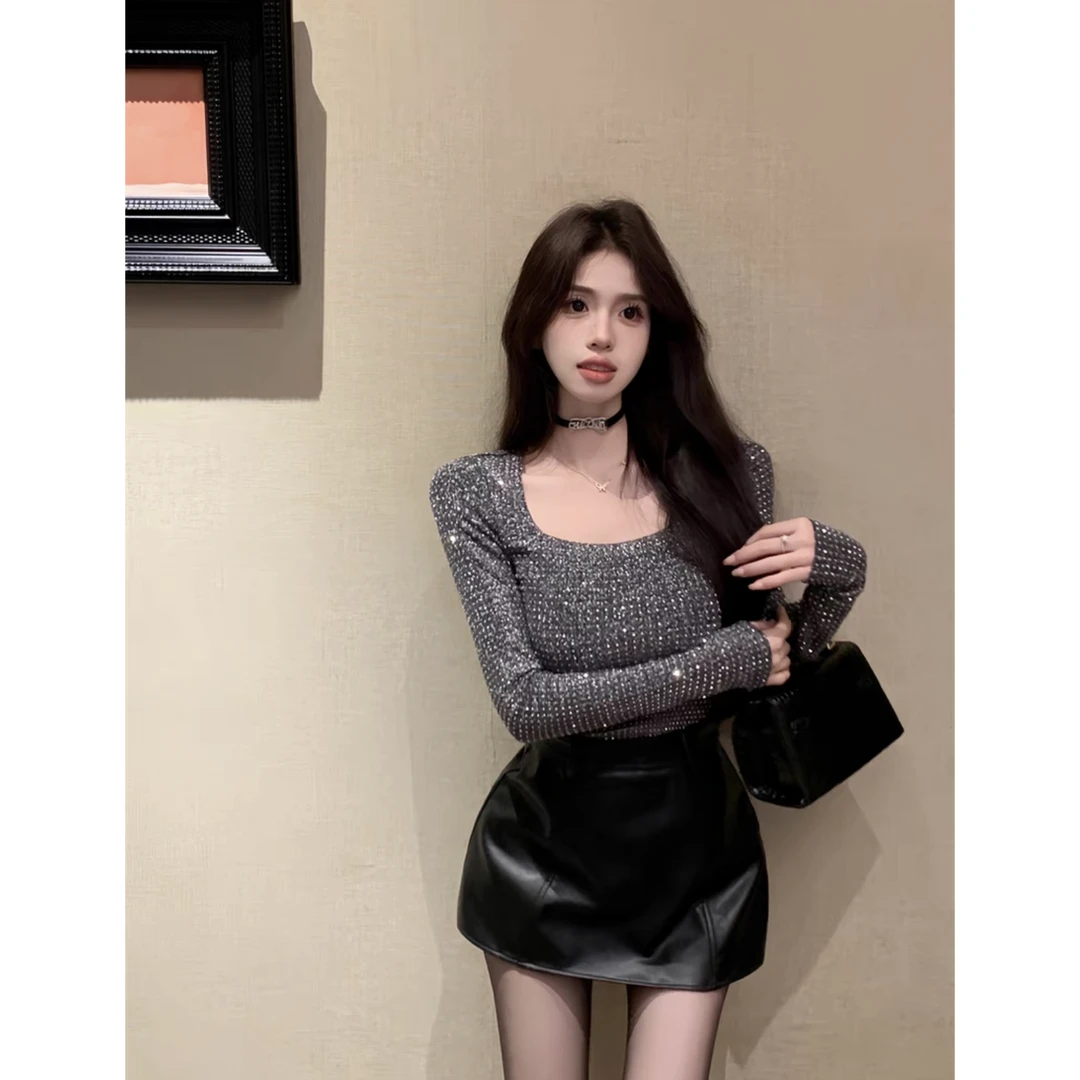 迈沃格闪钻针织设计感长袖上衣修身显瘦辣妹烫钻百搭T恤气质高腰