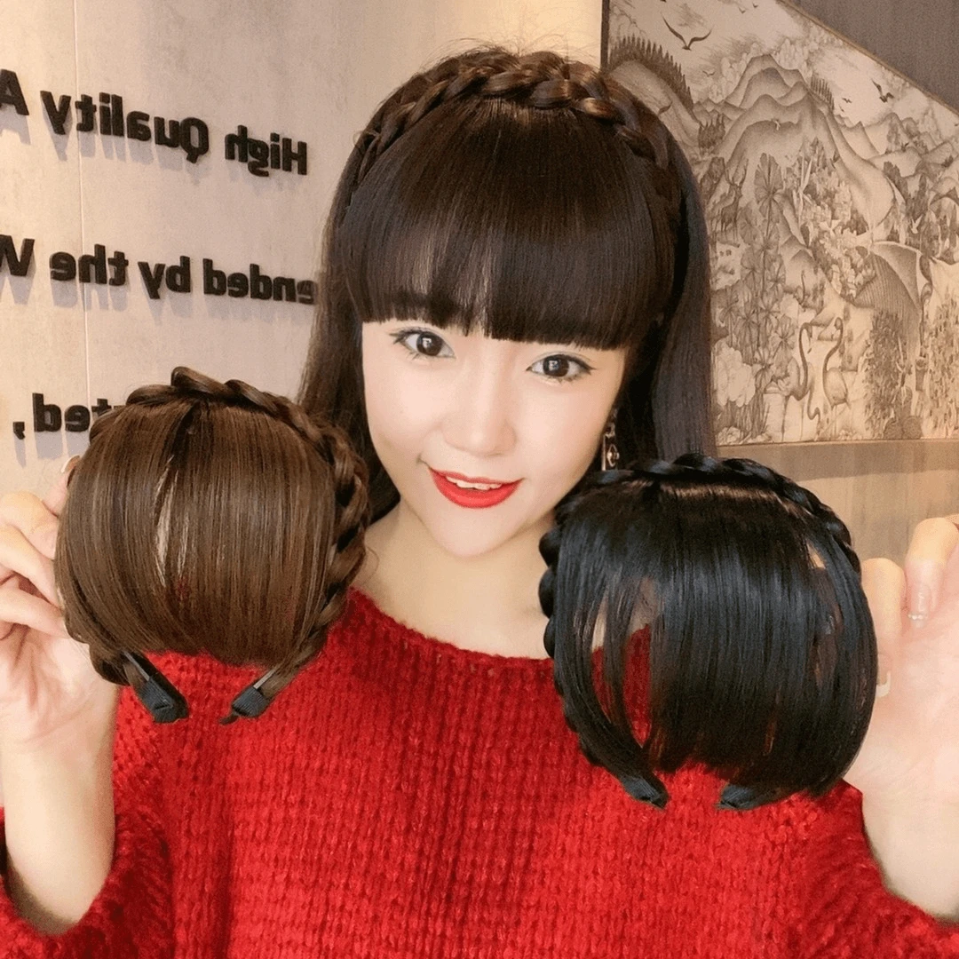 升级齐刘海无鬓角空气齐刘海假发鱼骨辫假发发箍刘海自然前额假发