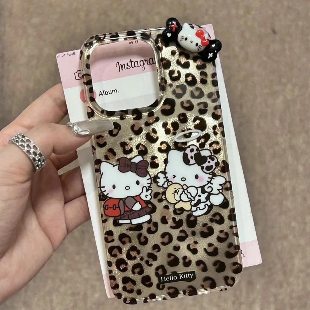 豹纹HelloKitty适用苹果16iphone13手机壳新款创意高级镭射羽纱壳