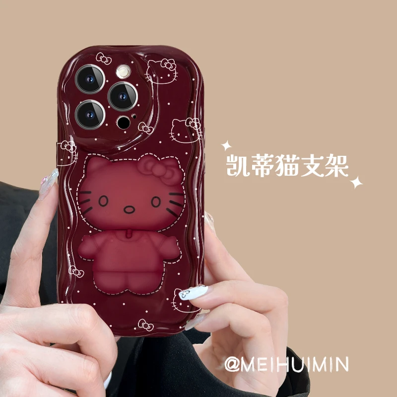 【奶油框硅胶壳】凯蒂猫苹果14手机壳iPhone13旋转镜子支架