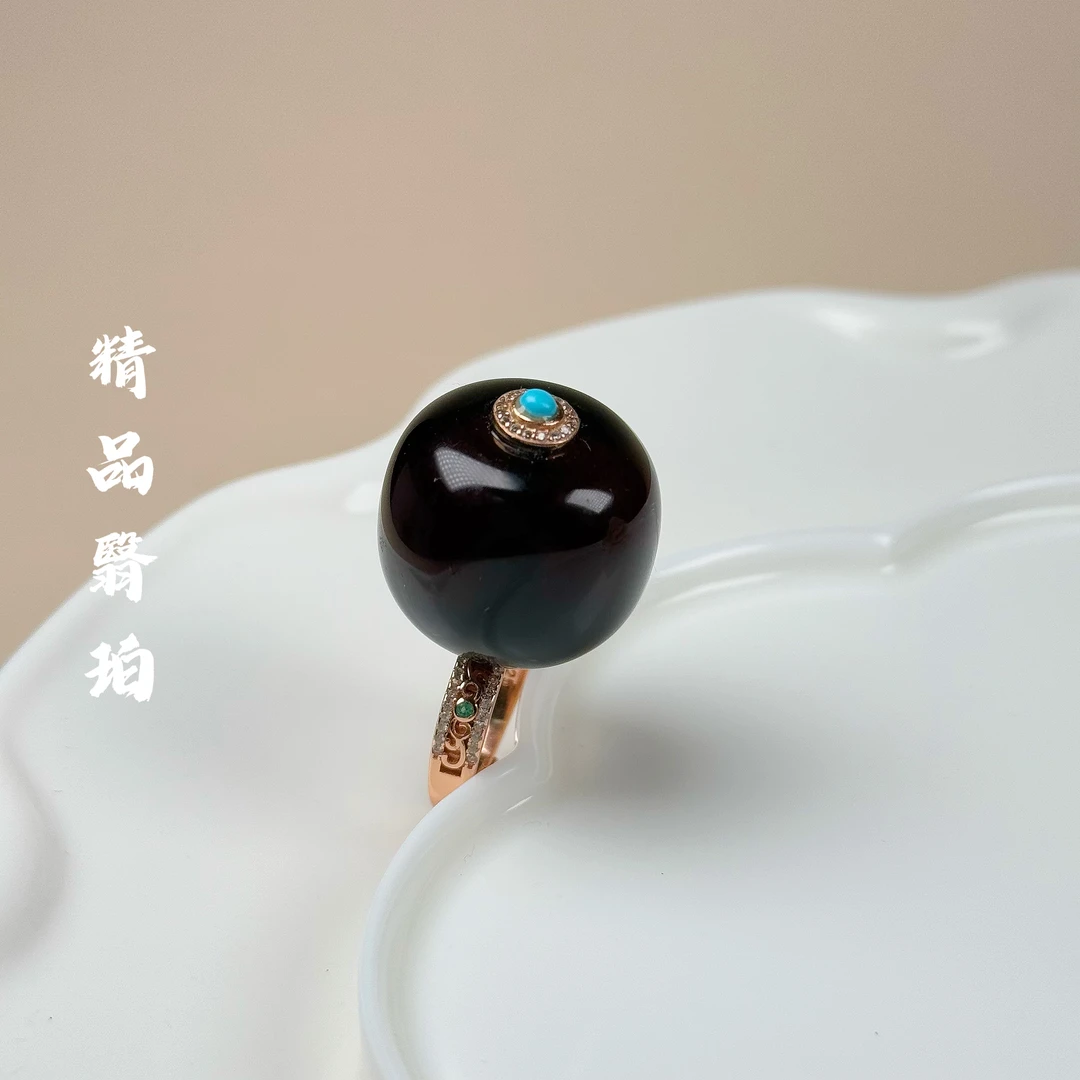 佳璐珠宝天然缅甸翳珀戒指大号平安扣转运珠