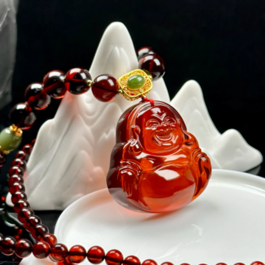 佳璐珠宝天然缅甸血珀佛公弥勒佛笑佛雕刻气质时尚高冰精美