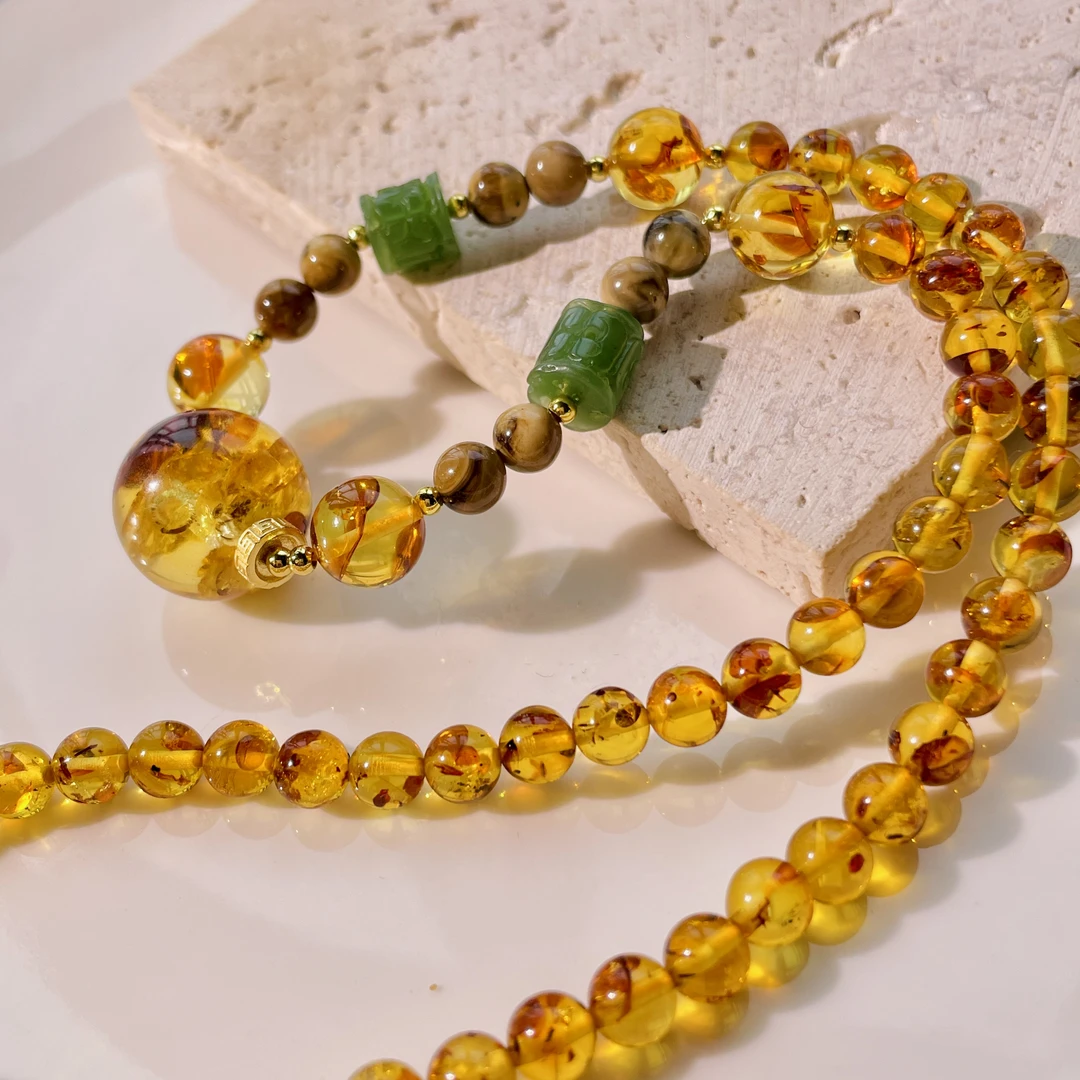 天然俄罗斯花珀16+mm圆珠项链锁骨链吊坠时尚百搭