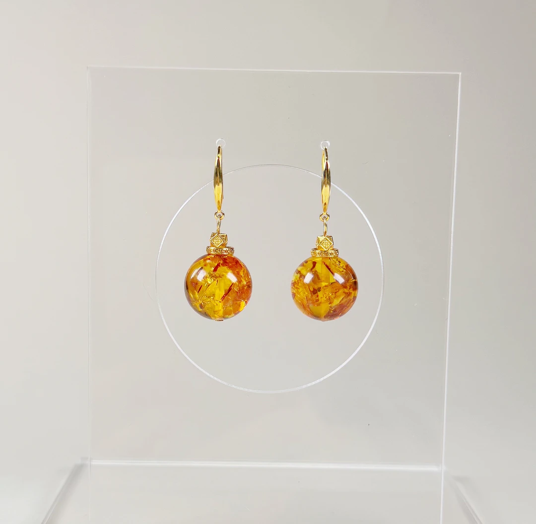 佳璐珠宝天然俄罗斯花珀15mm+耳环气质轻奢时尚百搭简约精美耳勾