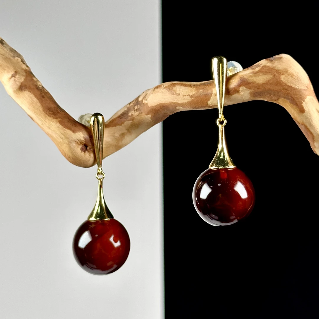 佳璐珠宝天然缅甸血珀17+mm耳钉气质简约时尚百搭精致复古民族