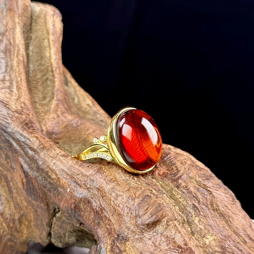 佳璐珠宝天然琥珀缅甸血珀椭圆戒指气质简约轻奢个性复古精致
