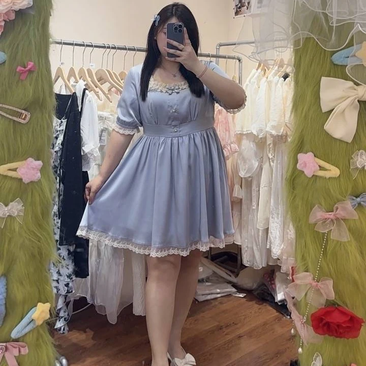 清仓夏日心跳大码MM蓝色缎面显瘦高腰气质公主生日甜美显瘦连衣裙