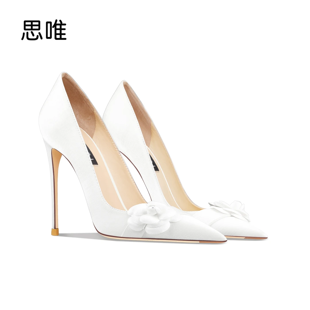 白色绸缎花卉高跟鞋女2024年新款细跟尖头浅口时尚百搭珍珠单跟鞋