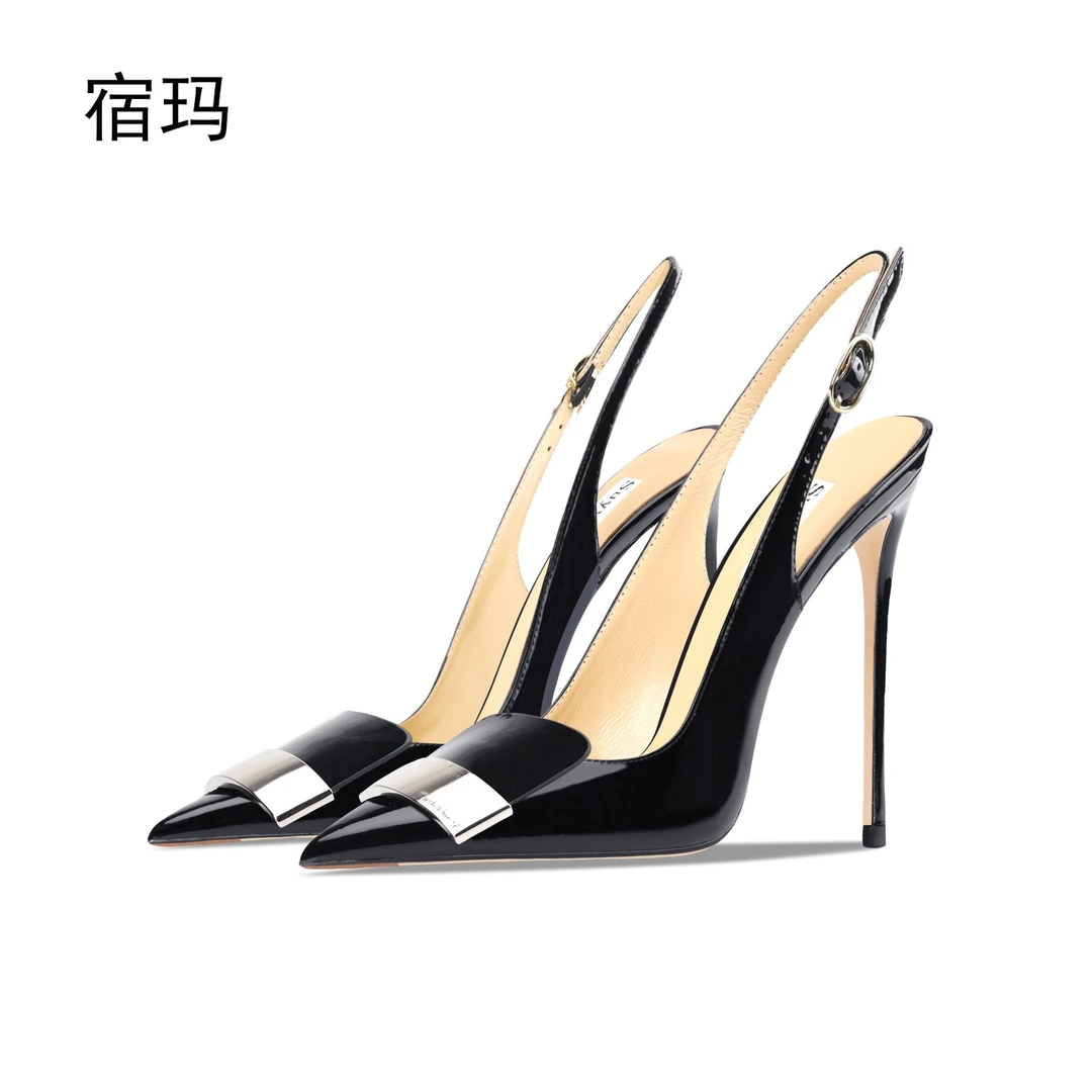 时尚黑色漆皮后绊带凉鞋女2024年夏季新款时尚尖头后空百搭高跟鞋