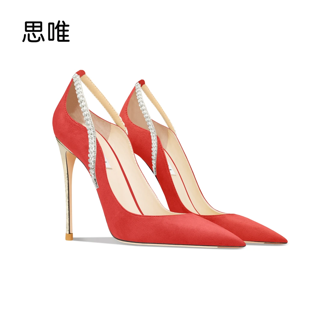 思唯时尚橙红色绒面水钻高跟鞋2024年新款细跟尖头设计感百搭单鞋