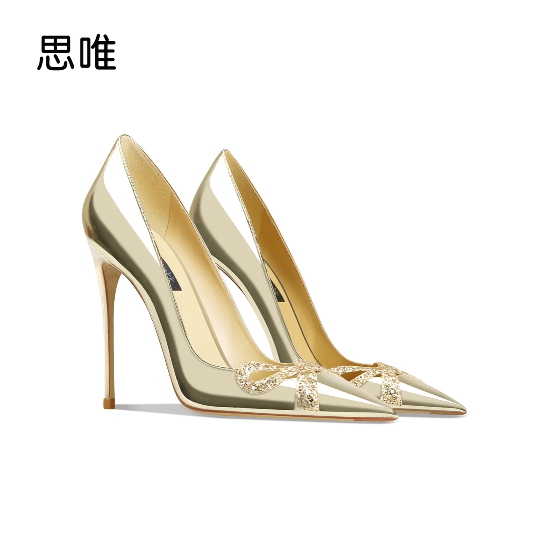 思唯时尚金色漆皮拼接高跟鞋女2025年新款尖头浅口蝴蝶结宴会单鞋