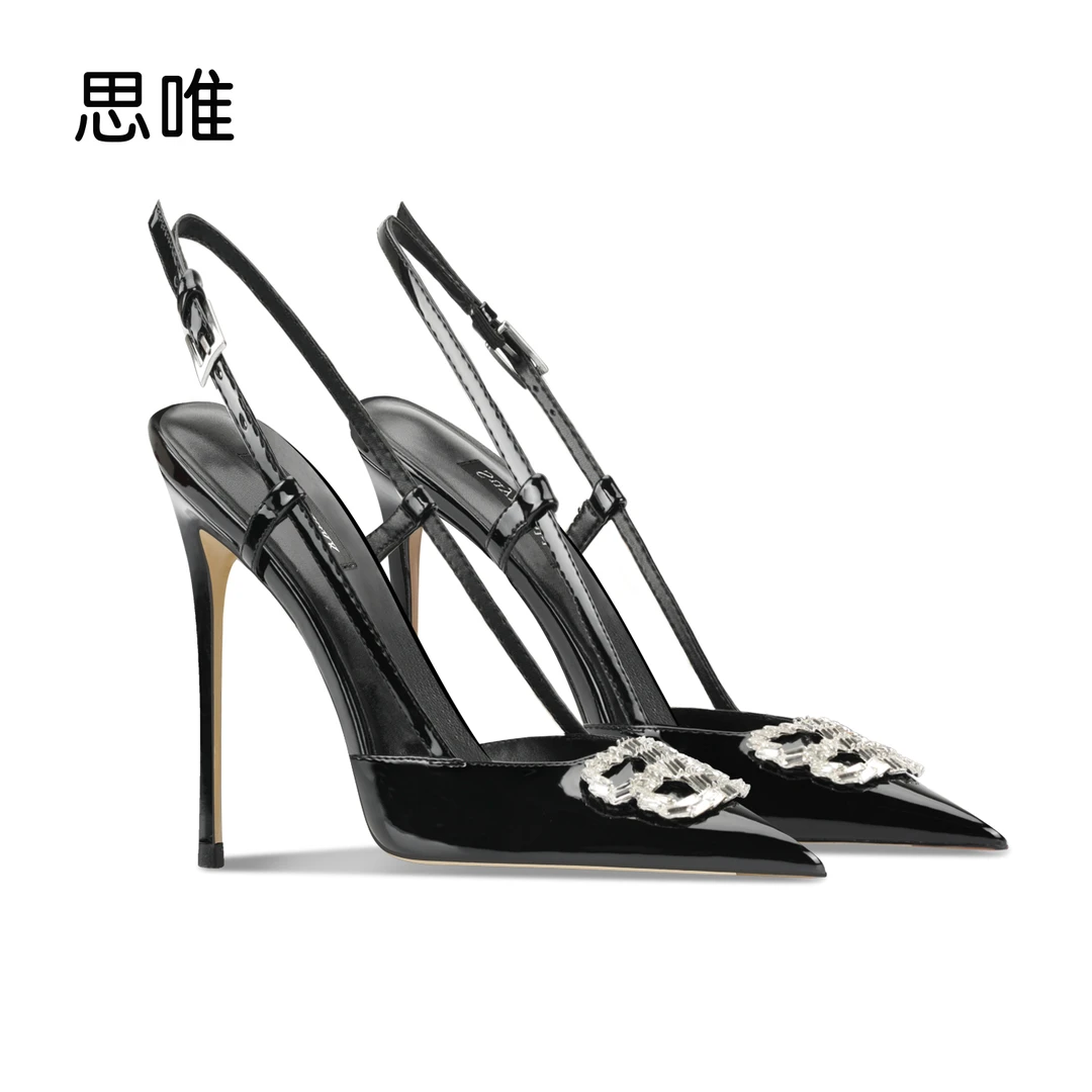 黑色漆皮边扣高跟鞋女2024年新款夏季细跟通勤百搭一字带性感凉鞋