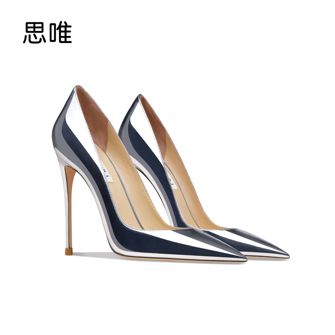 思唯时尚银色金属镜面高跟鞋女细跟尖头浅口2024年新款漆皮单跟鞋