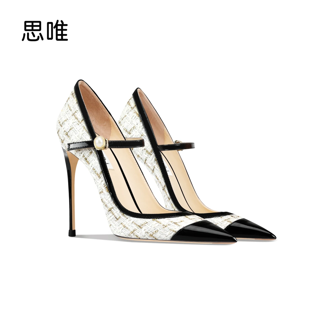 思唯时尚编织白色珍珠边扣高跟鞋2024年新款细跟尖头性感百搭单鞋