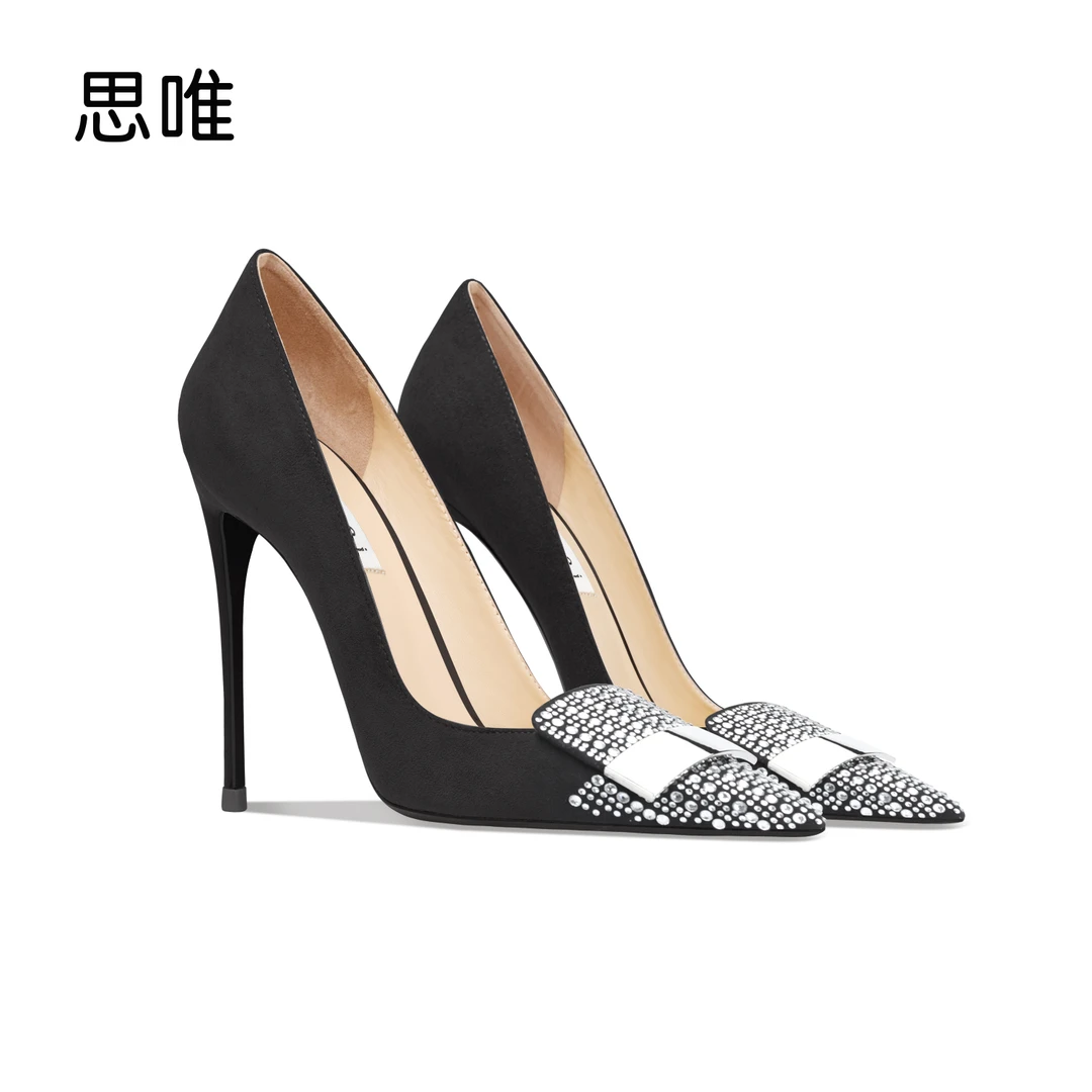 思唯时尚黑色绒面水钻搭扣高跟鞋女2024年新款细跟尖头浅口单跟鞋