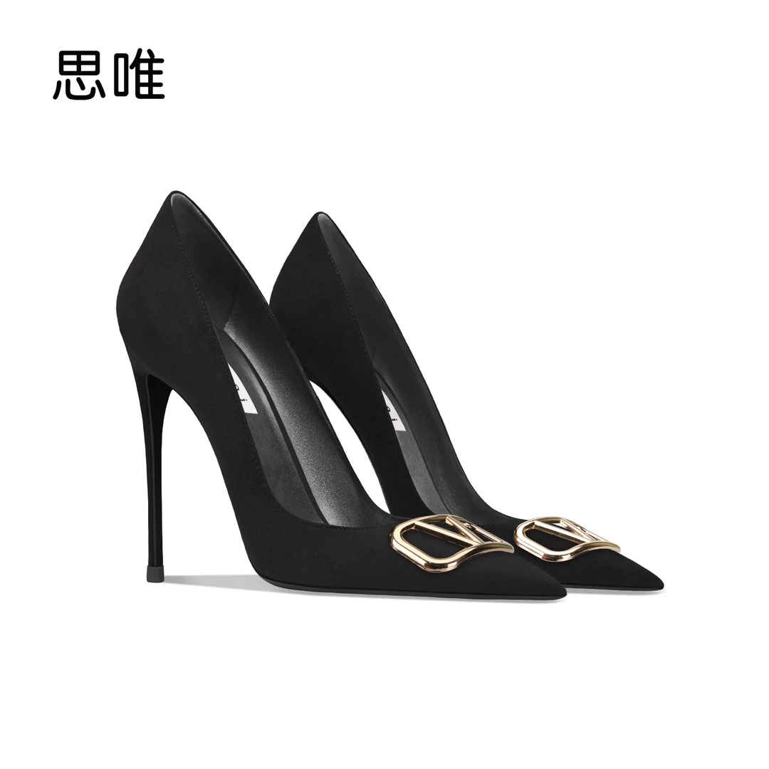 黑色绒面V扣高跟鞋女2024年新款细跟尖头浅口磨砂职业OL百搭单鞋