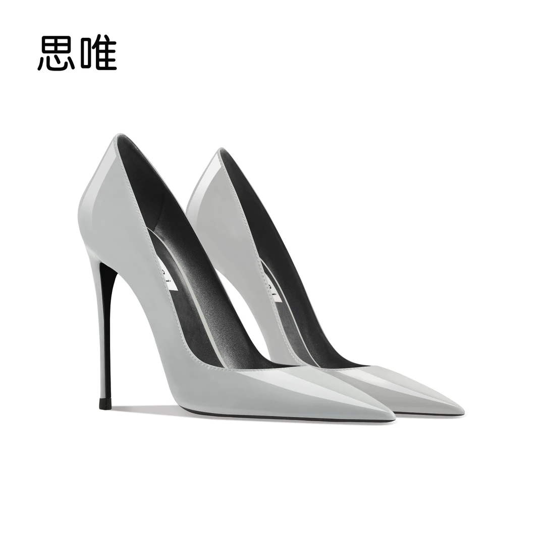 芥末蓝漆皮高跟鞋2024新款法式尖头浅口性感浅口设计感小众单跟鞋