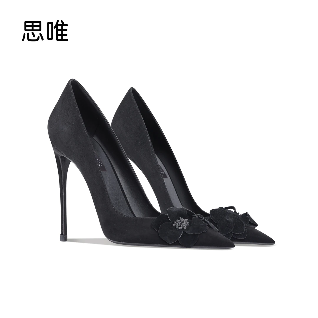 黑色绒面花朵高跟鞋女2024年新款细跟尖头浅口仙女风搭扣宴会单鞋