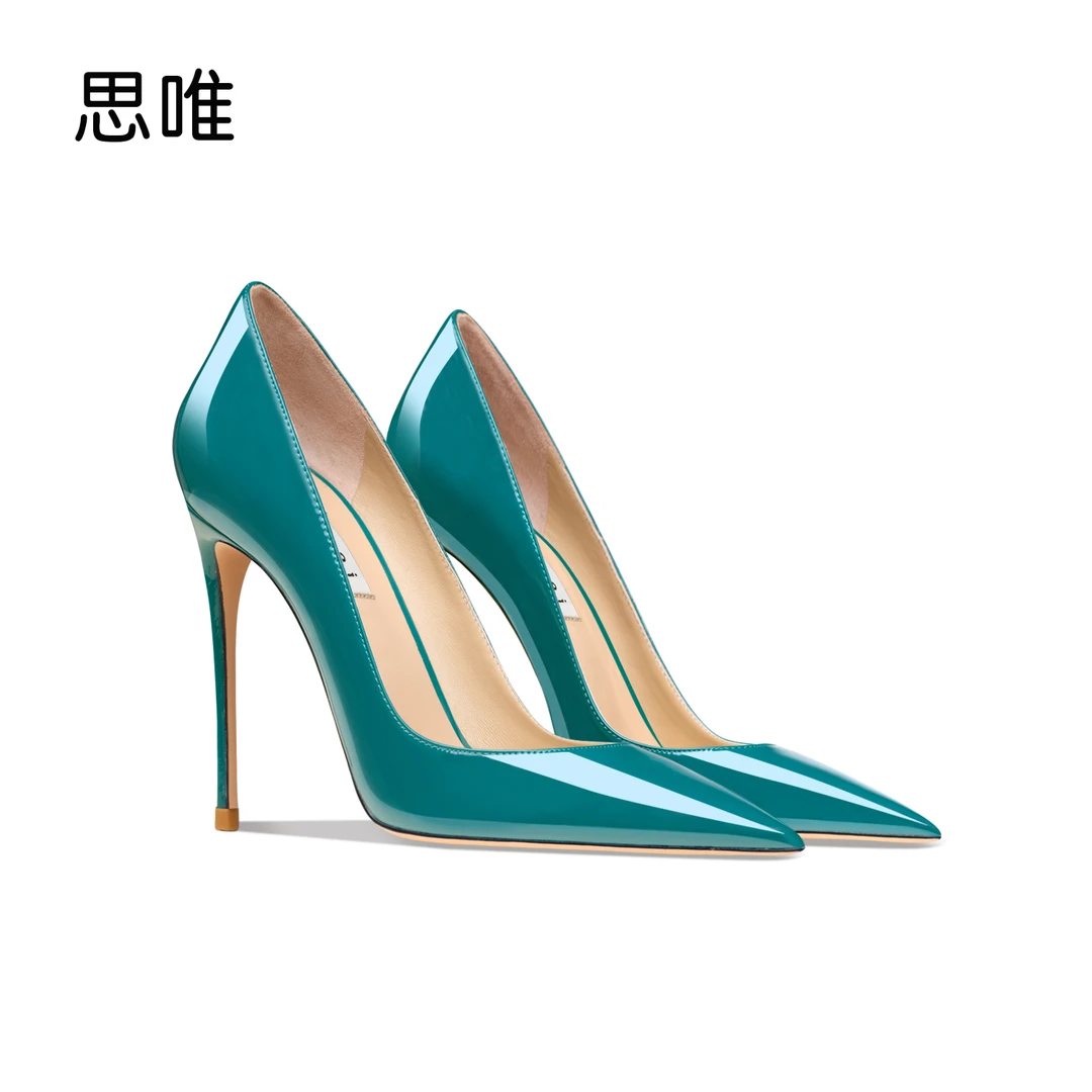 思唯百搭墨绿漆皮高跟鞋女2024年新款气质浅口工作鞋尖头性感单鞋