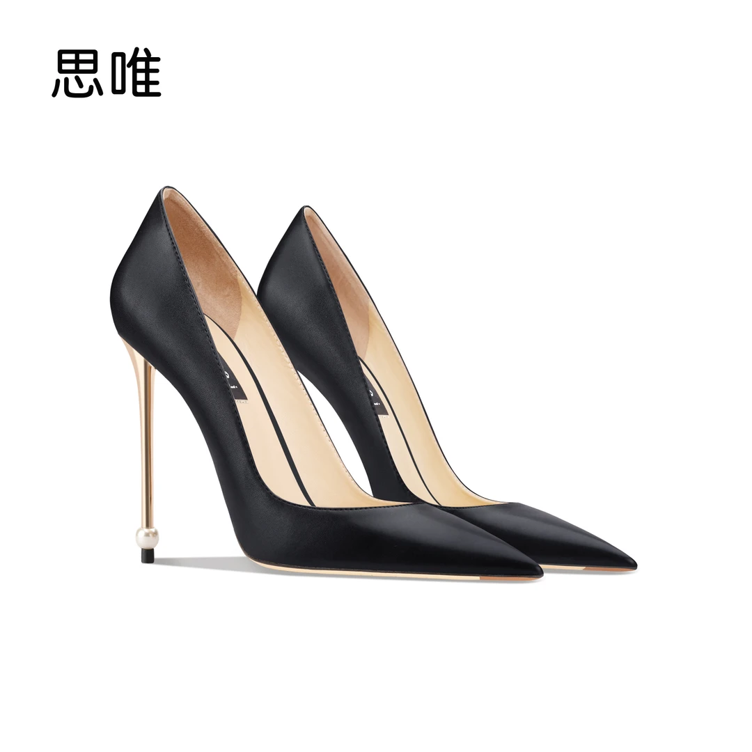 百搭黑色哑光金属跟高跟鞋女2024年新款细跟尖头珍珠性感时尚单鞋