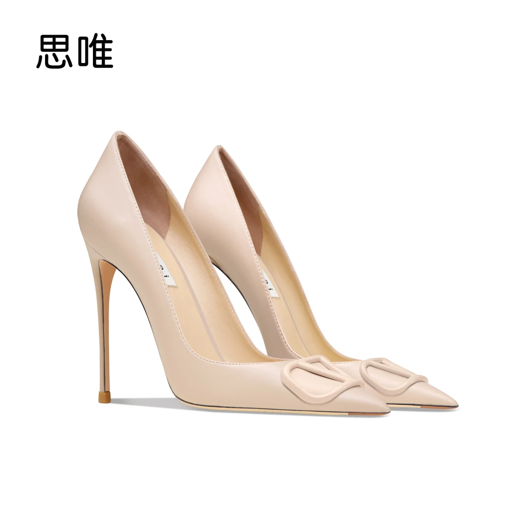 思唯时尚V扣裸色哑光高跟鞋女2024新款尖头细跟性感气质搭扣单鞋