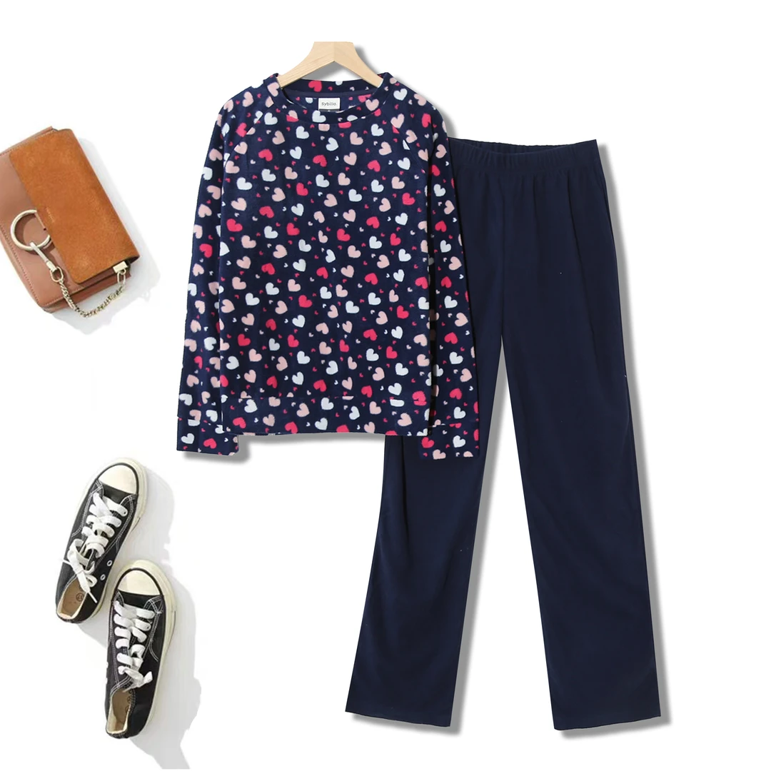 休闲简约清新纯色爱心毛绒柔软舒适圆领睡衣女士家居服套装6D644