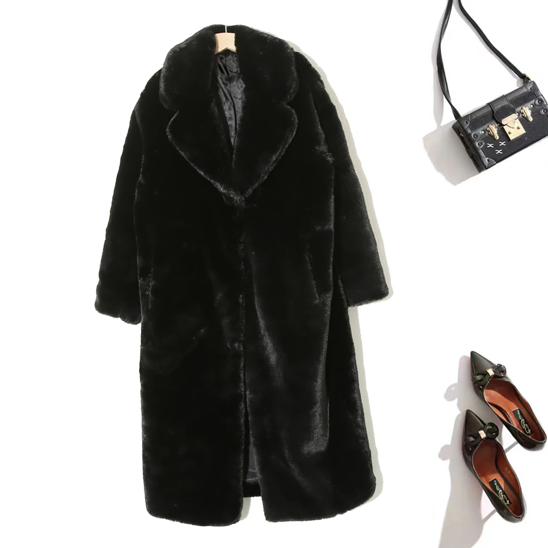 过膝长款轻奢高级感气质宽松保暖韩系翻领女士毛绒外套P-2G164