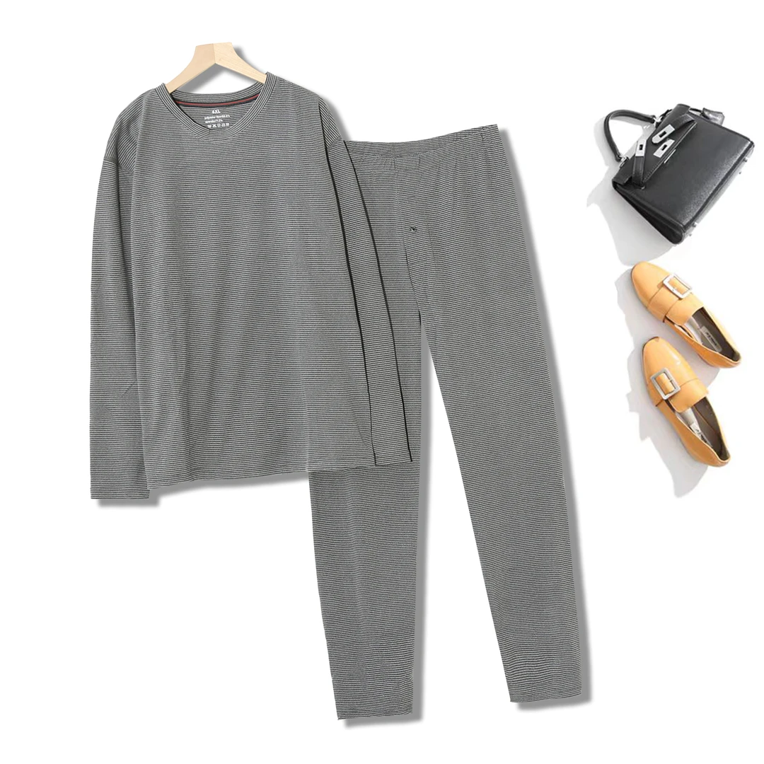 男士时尚家居柔软亲肤条纹圆领秋冬季保暖秋衣秋裤保暖套装6D551