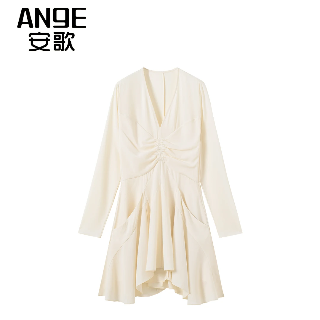 ANGE SUNNY 法式气质轻奢收腰V领荷叶拼接休闲优雅温柔风连衣裙