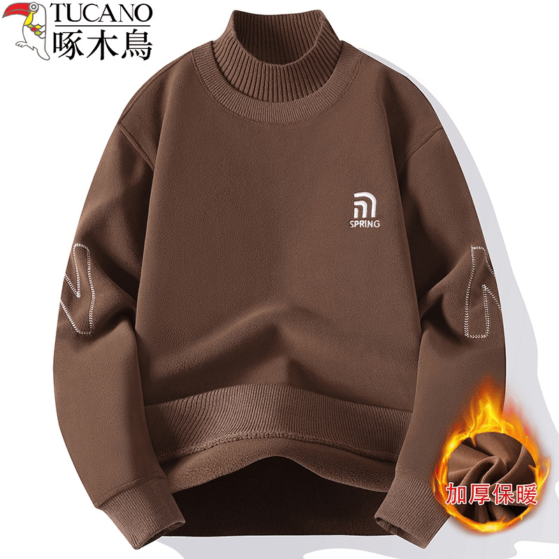 啄木鸟奥粒绒卫衣男士2023新款冬季加绒加厚休闲半高领打底衫上衣