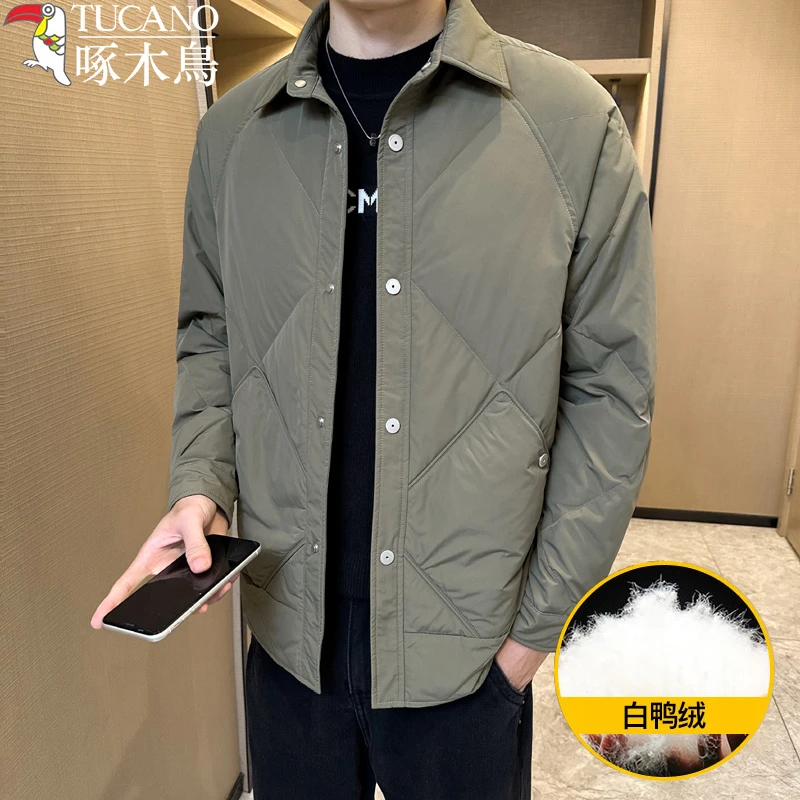 啄木鸟男士羽绒服2023冬季新款保暖白鸭绒轻薄夹克翻领外套男装